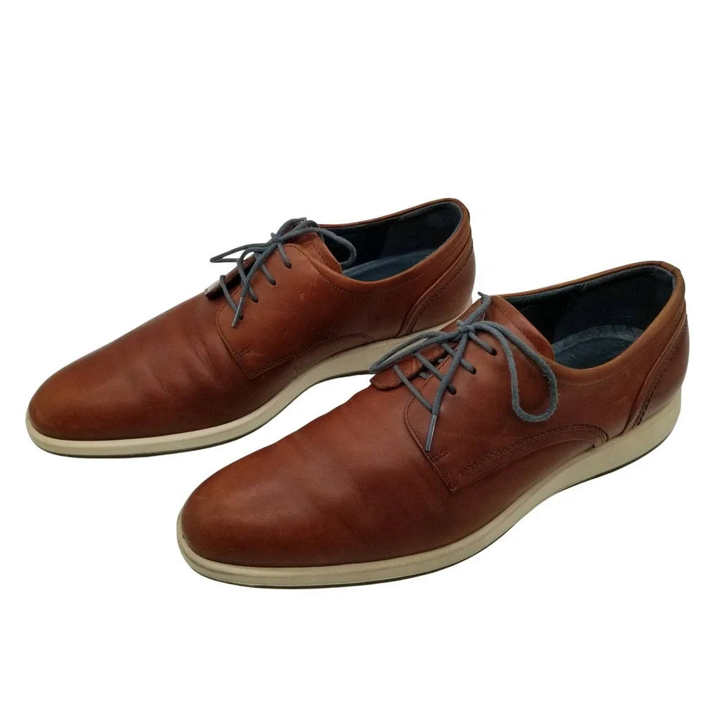 ECCO Oxford Shoes Men Size 47 Cognac Brown Leather‎ Hybrid Plain Toe Dress